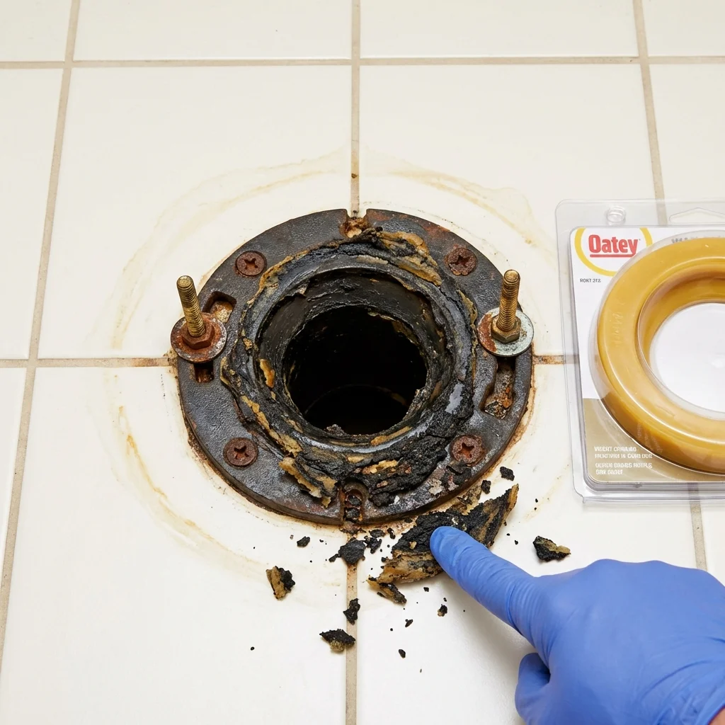 Failed wax ring showing water seepage at the base of a toilet in a Erie, KS home
