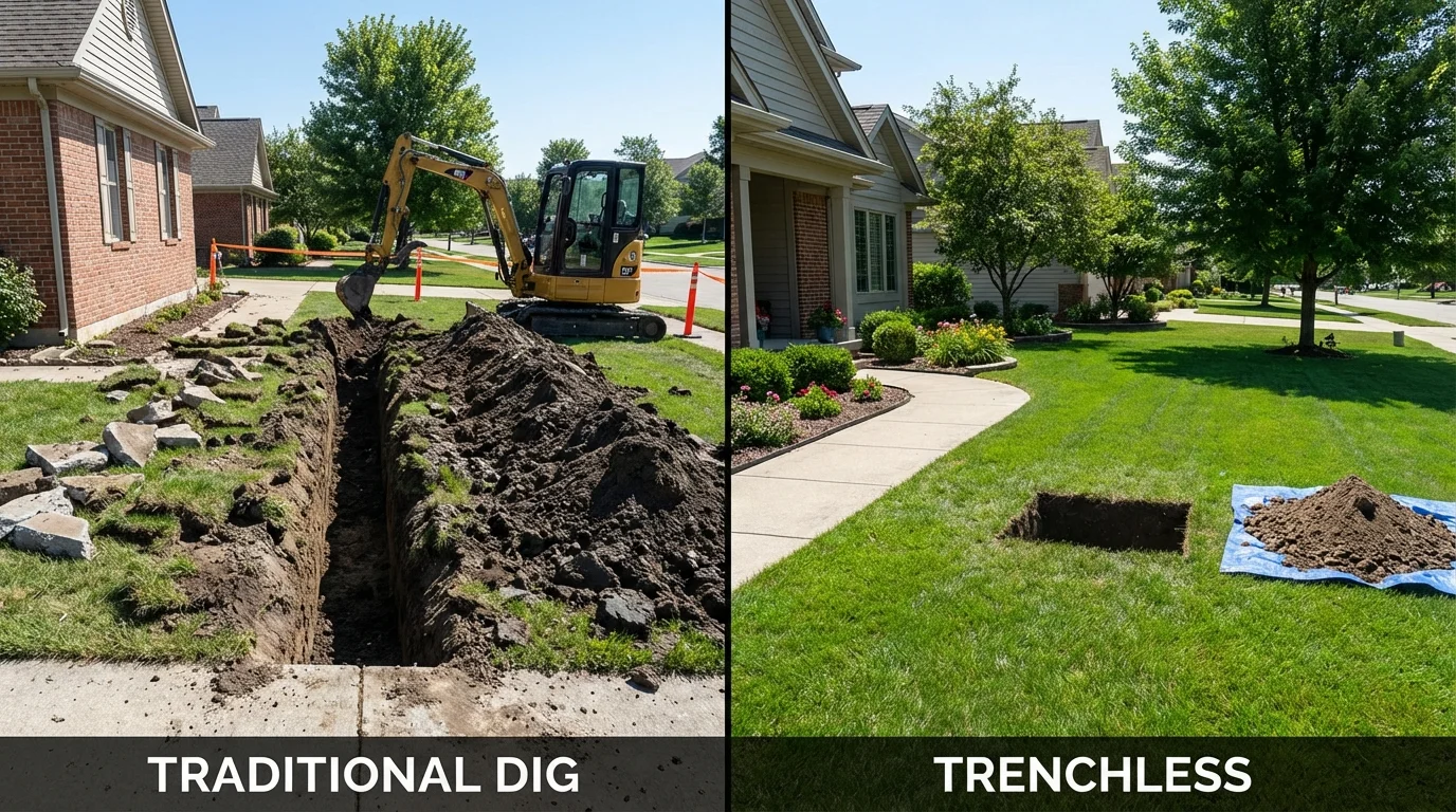 Trenchless sewer repair with minimal yard damage versus traditional excavation in Erie, KS