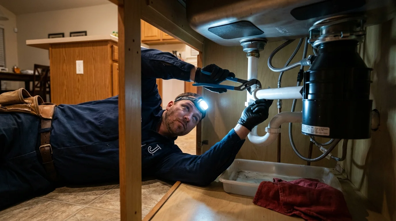 P-trap and supply line connections under a kitchen sink showing a common leak point in Erie, KS